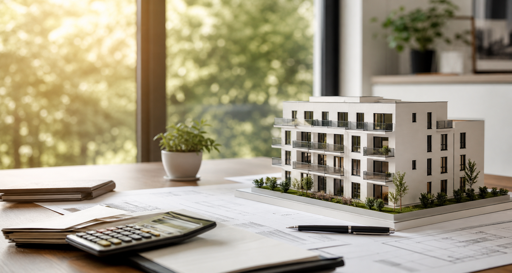 Modernes Wohnimmobilien-Modell mit Finanzierungsunterlagen